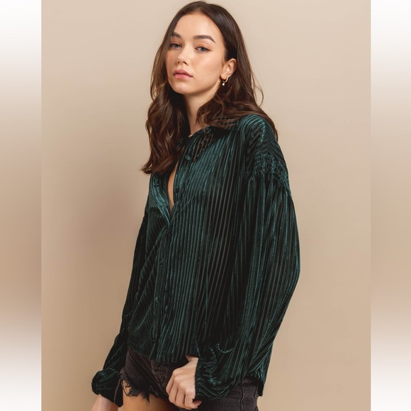 Striped Velvet Button Down Shirt - Picture 3 of 5